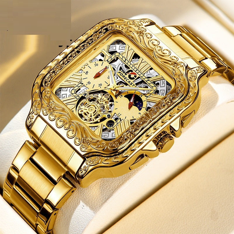 Retro Square Carved Multifunctional Six-pin Men's Watch - Luxurieglam