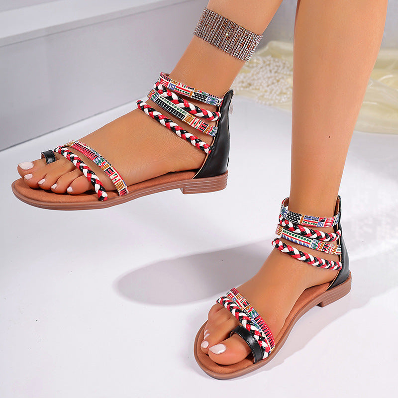Ethnic Style Flat Sandals Summer Clip Toe Colorful Weave-straped Shoes With Back Zipper Women's Bohemian Beach Shoes - Luxurieglam