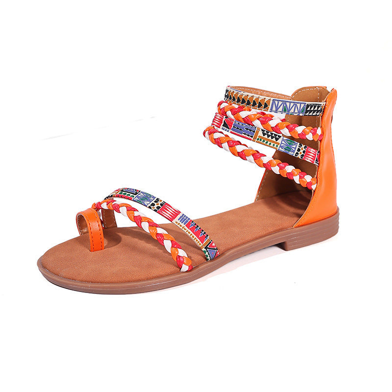 Ethnic Style Flat Sandals Summer Clip Toe Colorful Weave-straped Shoes With Back Zipper Women's Bohemian Beach Shoes - Luxurieglam