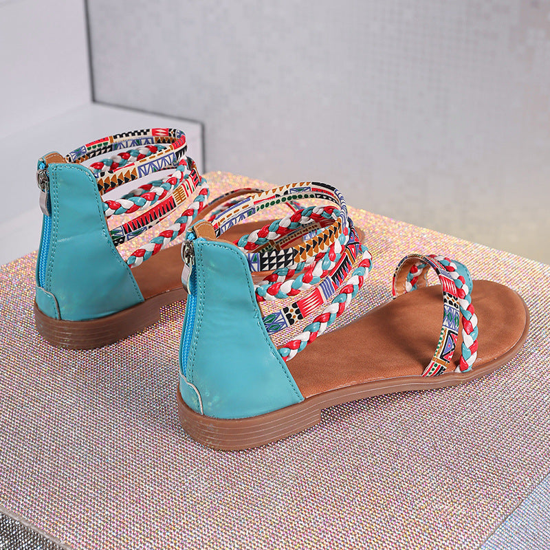 Ethnic Style Flat Sandals Summer Clip Toe Colorful Weave-straped Shoes With Back Zipper Women's Bohemian Beach Shoes - Luxurieglam