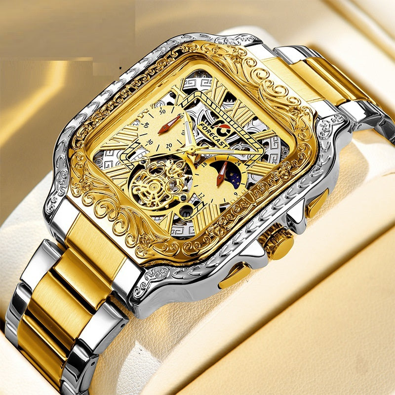 Retro Square Carved Multifunctional Six-pin Men's Watch - Luxurieglam