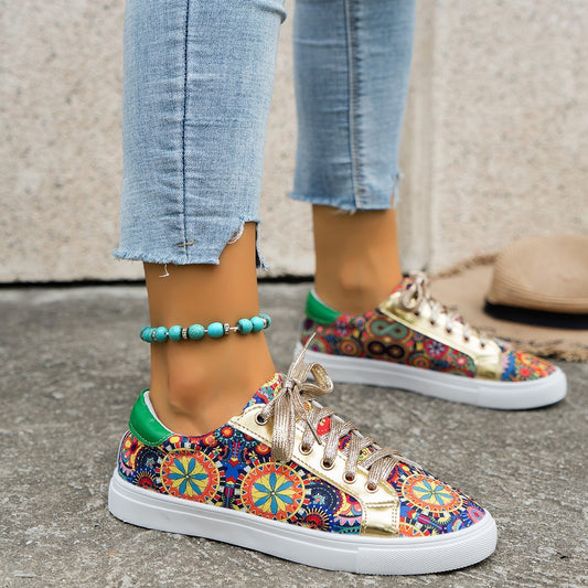 Round Toe Board Shoes Printed Canvas Women's Shoes - Luxurieglam