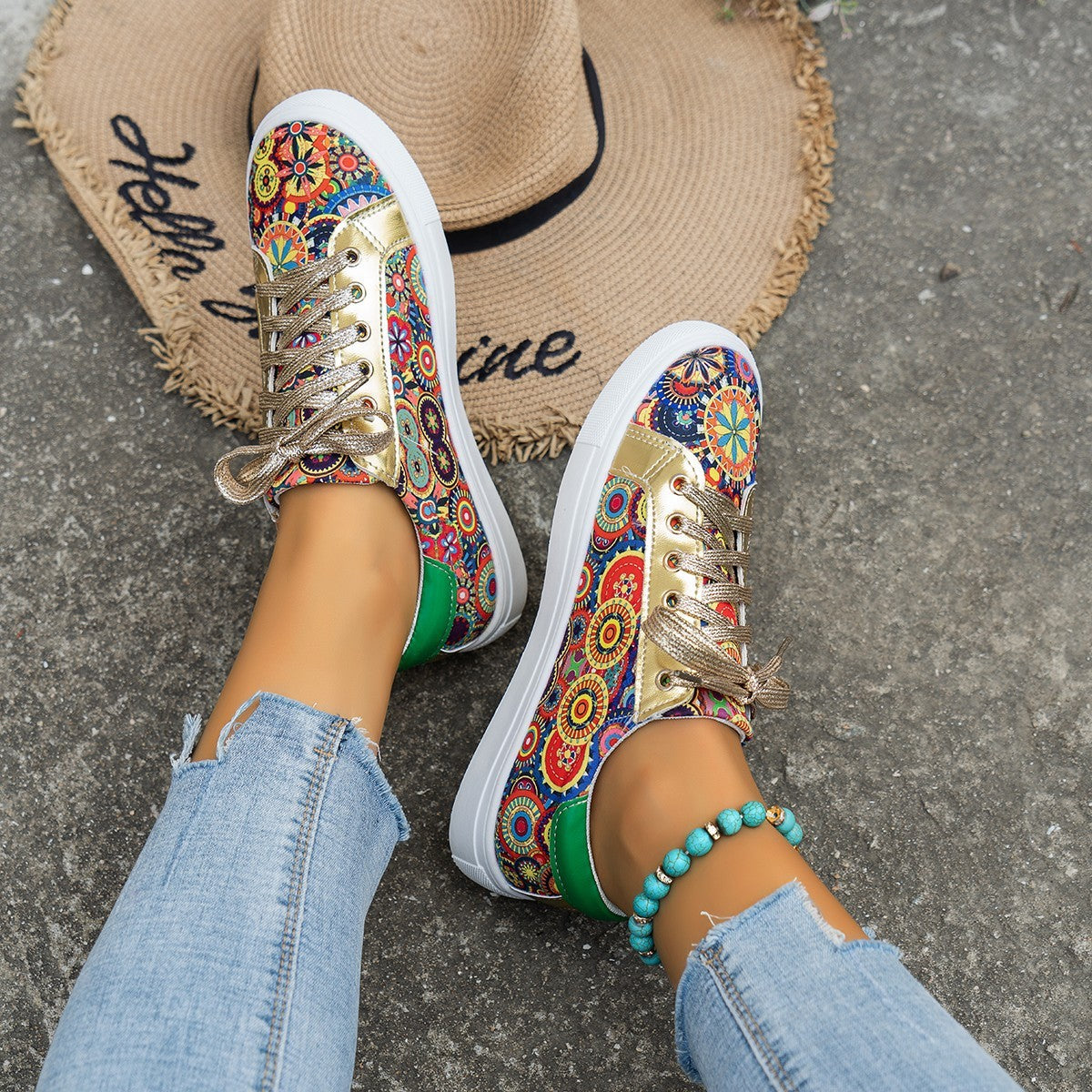Round Toe Board Shoes Printed Canvas Women's Shoes - Luxurieglam
