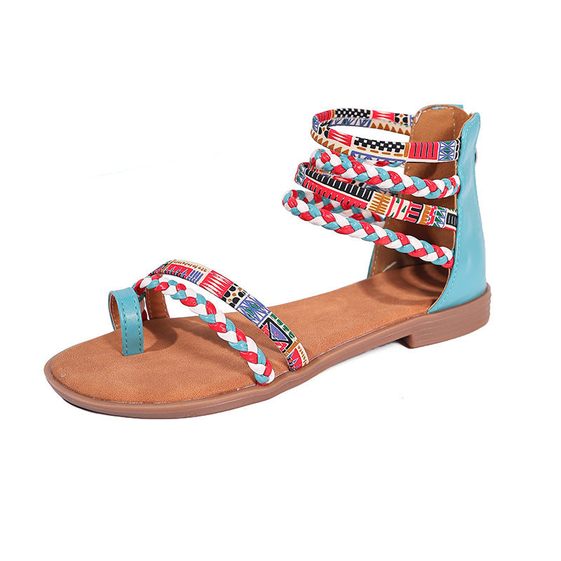 Ethnic Style Flat Sandals Summer Clip Toe Colorful Weave-straped Shoes With Back Zipper Women's Bohemian Beach Shoes - Luxurieglam