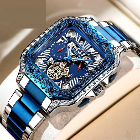 Retro Square Carved Multifunctional Six-pin Men's Watch - Luxurieglam