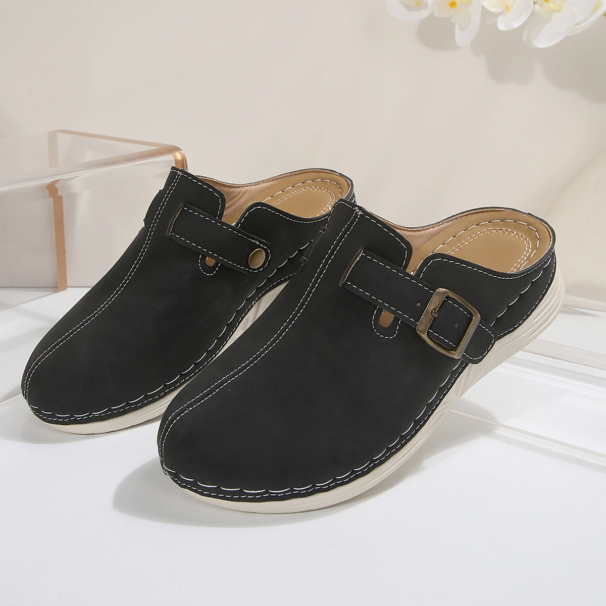 Women’s Wedge Slippers with Rivet Metal Buckle - Luxurieglam