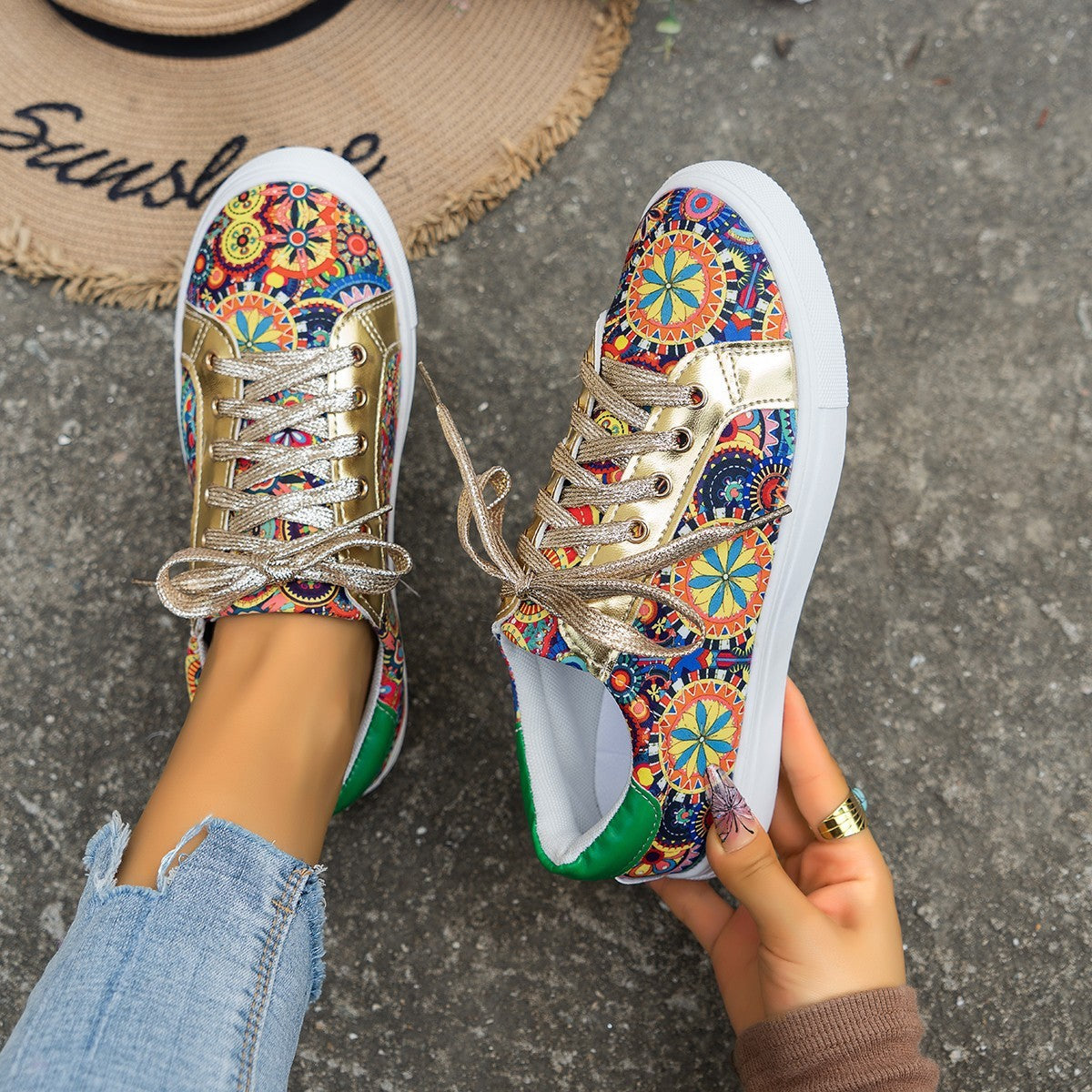 Round Toe Board Shoes Printed Canvas Women's Shoes - Luxurieglam