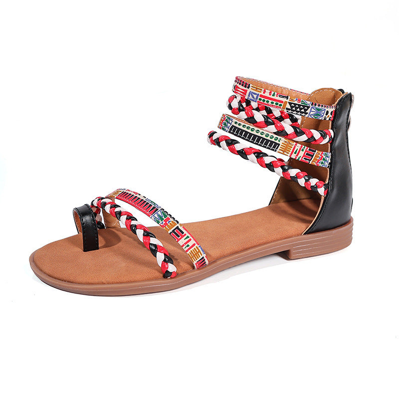 Ethnic Style Flat Sandals Summer Clip Toe Colorful Weave-straped Shoes With Back Zipper Women's Bohemian Beach Shoes - Luxurieglam
